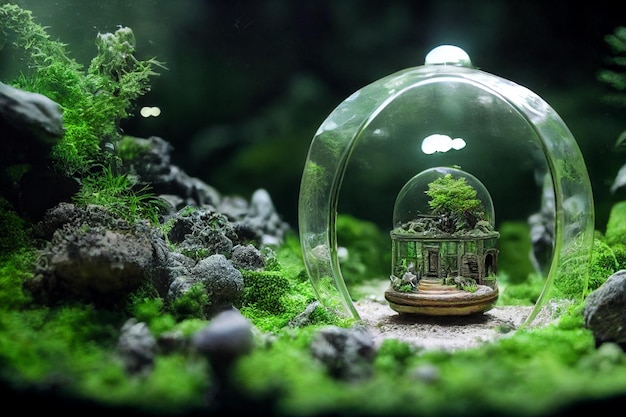 Terrario con un templo mágico de sueños de fantasía.