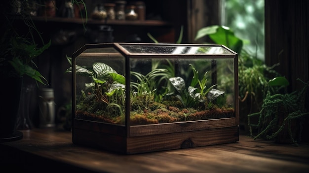 Un terrario de vidrio con plantas en el interior se sienta sobre una mesa.