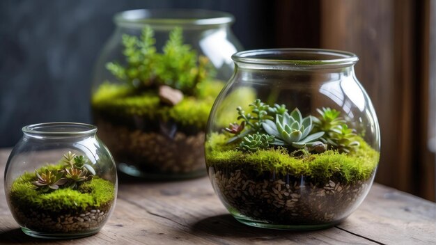 Terrários com plantas verdes exuberantes