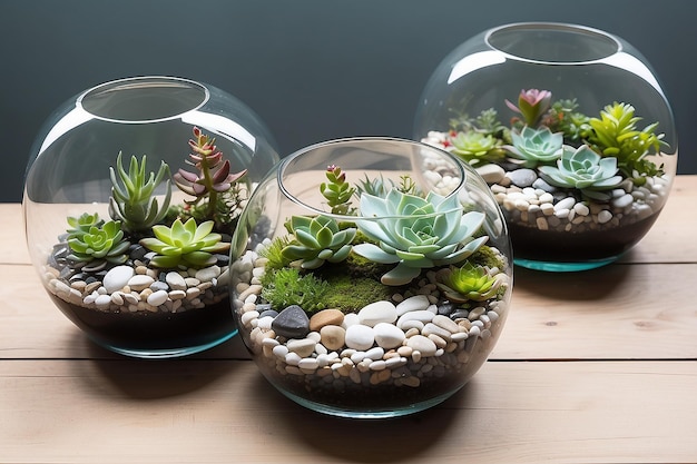 Terrarios de vidrio flotante con jardines de suculentas en miniatura