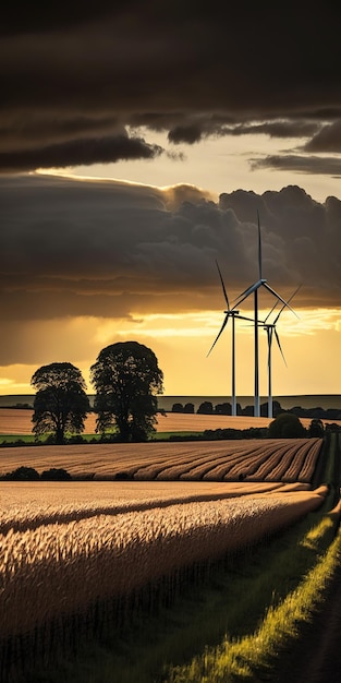 Terras agrícolas com turbinas eólicas ao anoitecer Localização West Lothian Escócia Reino Unido