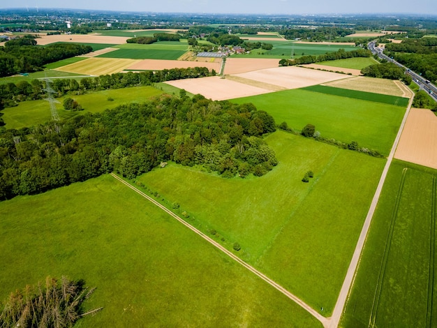 Terras agrícolas de cima Vista aérea sobre campos verdes
