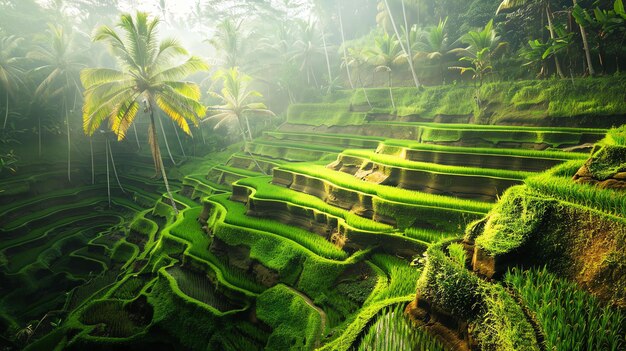 Terras de arroz incríveis com palmeiras e vegetação verde o sol está brilhando através das árvores a imagem é pacífica e serena