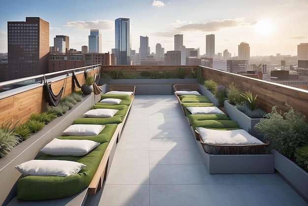 Terrassa moderna no telhado com assentos de hamaca suspensos que fornecem uma percha relaxante e arejada acima da paisagem urbana