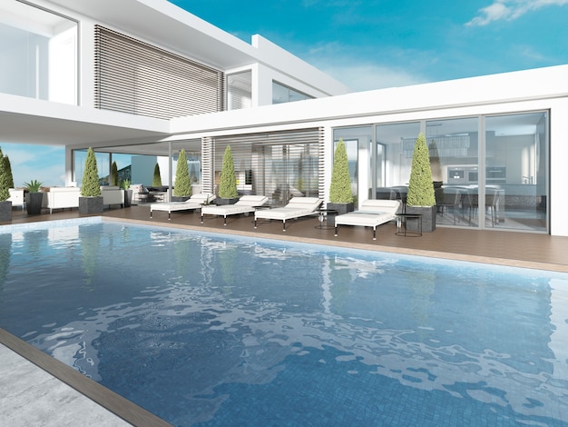 Terrasse am Pool mit Sonnenliegen in der Nähe des modernen Hauses. 3D-Rendering