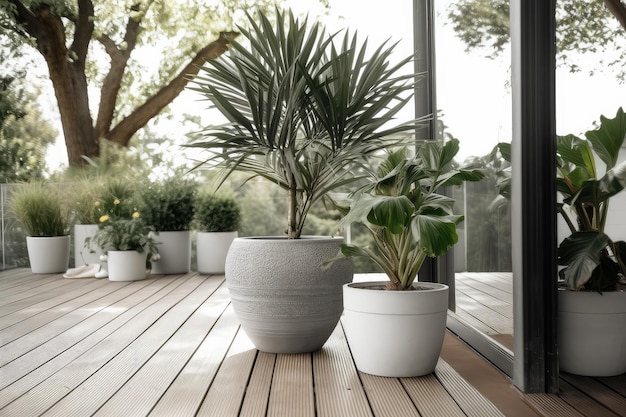 Terrasse mit Blick auf den Garten und Zimmerpflanze im Betonblumentopf