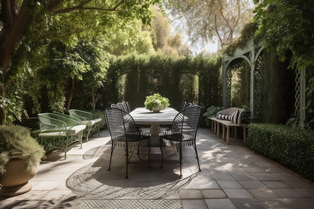 Terrasse mit Esstisch und Stühlen im Freien, umgeben von viel Grün