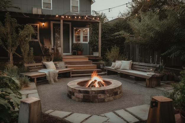 Terrasse mit Feuerstelle und gemütlichen Sitzgelegenheiten für warme Sommernächte, geschaffen mit generativer Klimaanlage