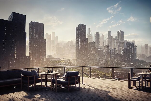 Terrasse mit gemütlichen Sofas und einem Tisch mit Blick auf die Stadt und Wolkenkratzer 3D-Illustration