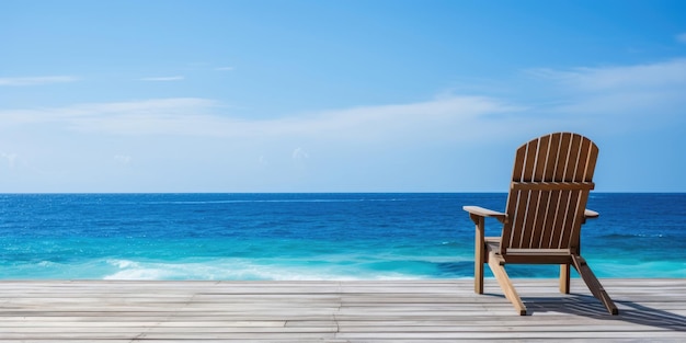 Terrasse mit Holzsessel am Meer Generative AI