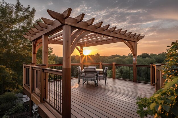 Terrasse mit Pergola und Pavillon mit Blick auf den Sonnenuntergang