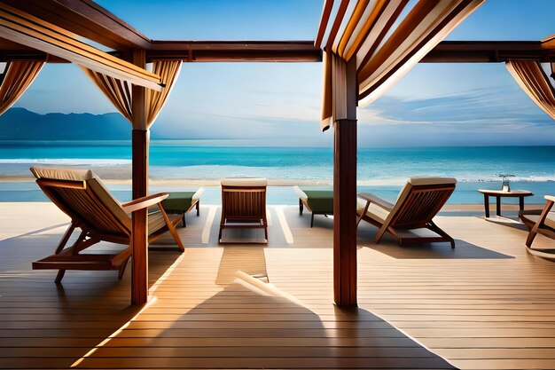 Terrasse mit Stühlen und Blick auf das Meer.