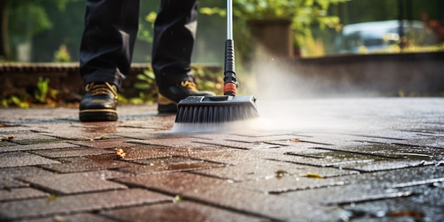 Foto terrasse wird mit einem starken wasserstrahl gewaschen, um schmutz von pflastersteinen zu entfernen