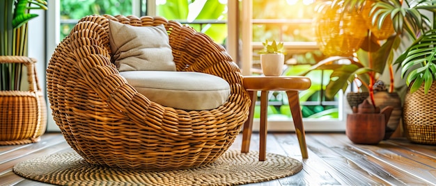 Terraza al aire libre con sofá acogedor y muebles de madera natural Diseño de patio de verano relajante con acentos de plantas verdes