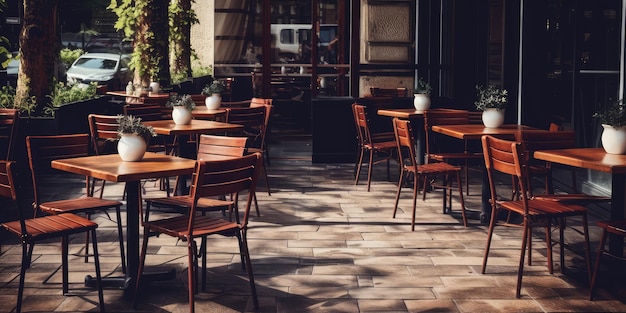 Terraza al aire libre vacía de café y restaurante con mesas