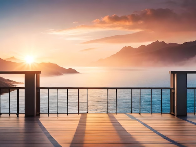 Una terraza con un atardecer de fondo