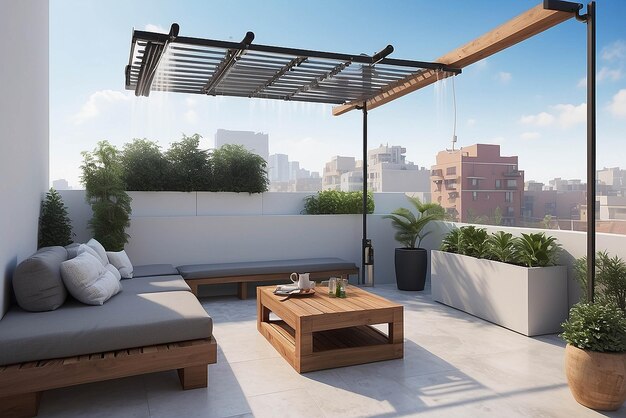 Foto terraza en la azotea con una ducha al aire libre incorporada o un sistema de nebulización que ofrece refresco en los calurosos días de verano
