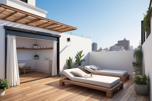 Terraza en la azotea con una ducha al aire libre incorporada o un sistema de nebulización que ofrece refresco en los calurosos días de verano