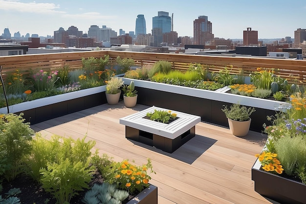 Terraza en la azotea con un huerto de abejas o un hábitat de polinizadores en la Azotea que apoya los ecosistemas locales y la biodiversidad