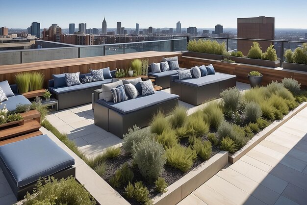 Foto terraza en la azotea con un toldo retráctil, asientos cómodos y un bar incorporado con vistas al paisaje urbano