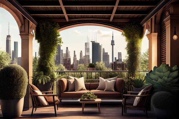 Una terraza en la azotea con vista al horizonte de la ciudad rodeada de vegetación