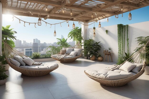 Foto terraza en la azotea con una zona de salón incorporada hamacas y sillas colgantes para la máxima relajación y comodidad