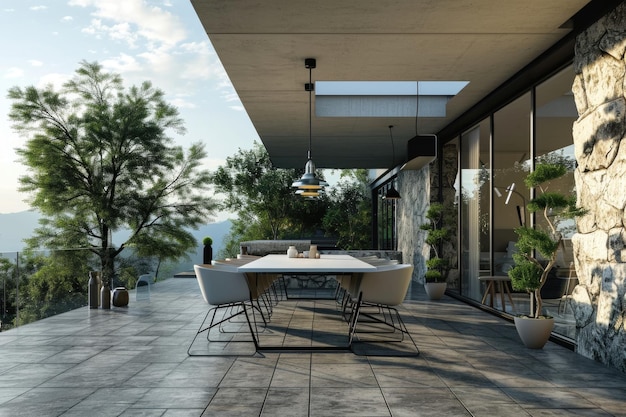 La terraza de una casa y hotel moderno Mesa de comedor exterior de lujo con sillas