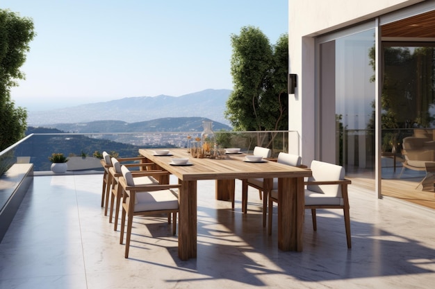 La terraza de una casa y un hotel modernos Mesa de comedor de lujo al aire libre con sillas