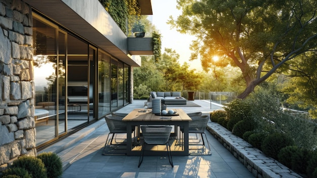 La terraza de una casa y un hotel modernos Mesa de comedor de lujo al aire libre con sillas