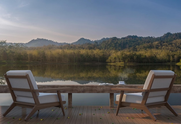 Terraza de la casa del lago y hermosa vista de la naturaleza 3d render