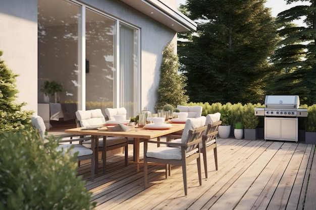 Terraza de casa moderna Mesa de lujo al aire libre con sillas