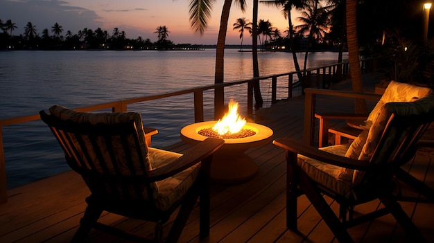 una terraza con chimenea y sillas y una fogata en el agua.