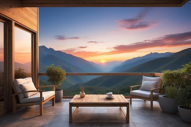 Foto terraza con hermosa vista de la puesta de sol de las montañas