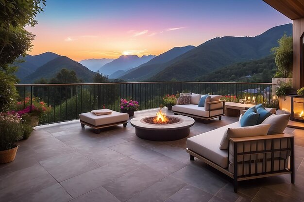 Foto terraza con hermosa vista de la puesta de sol de las montañas