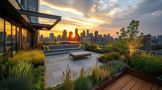 Terraza de jardín en la azotea con el horizonte urbano al atardecer resplandeciente