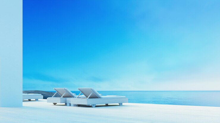 Terraza lounge de lujo en la playa con vistas al mar Representación 3D al estilo de la isla de Santorini
