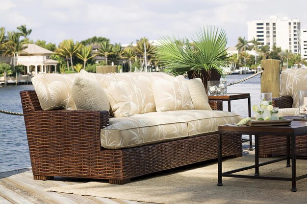 Terraza de lujo con muebles de mimbre y paisaje marino en el exterior