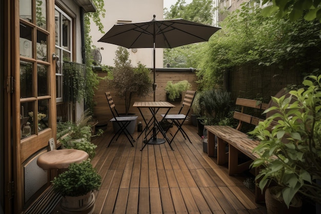 La terraza de madera clásica con mesa y sillas tipo bistró es un lugar cómodo para relajarse después de un largo día