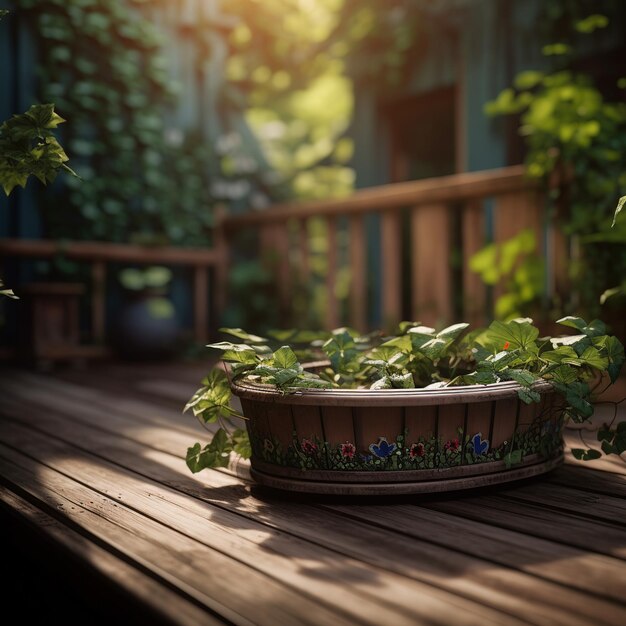 Una terraza de madera con un jacuzzi en el medio.