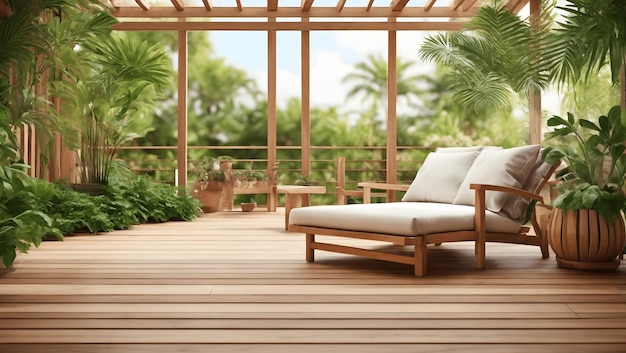 Terraza de madera en el jardín tropical 3d render Hay un piso de madera