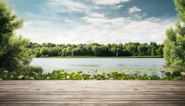 Terraza de madera con lago y árboles al fondo Panorama