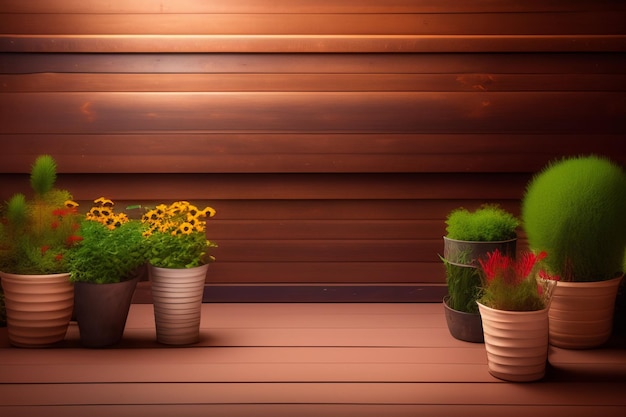 Una terraza de madera con macetas de flores y una pared de madera.