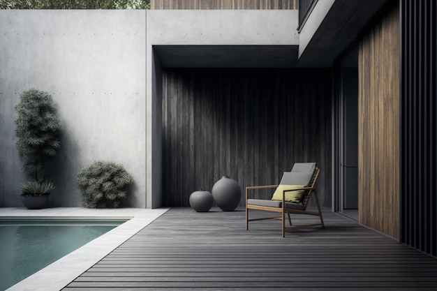 Foto terraza de madera moderna con piscina y sillón exterior de ia generativa