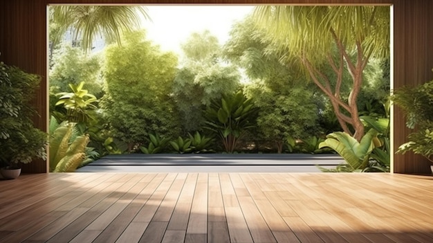 Foto terraza de madera entre pared de vidrio y jardín verde estilo tropical árboles luz del sol en la pared