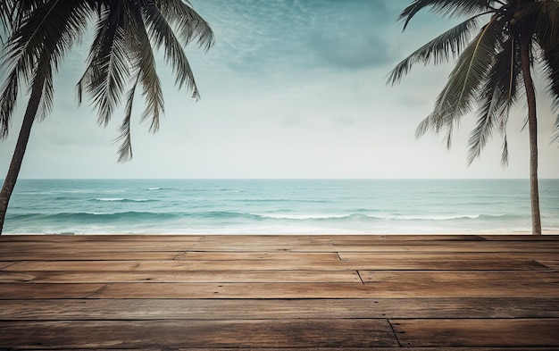 Terraza de madera con playa tropical en segundo plano.