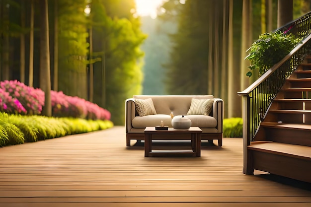 Una terraza de madera con un sofá y una mesa con mesa y sillas frente a un bosque.