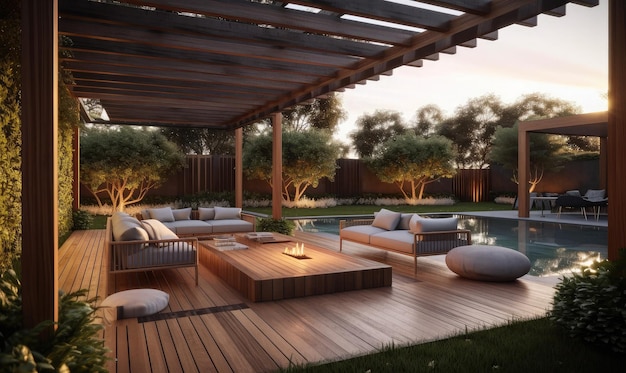 Terraza de madera con sofás y sillas de sol junto a la piscina