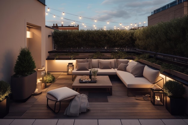 Una terraza moderna inteligente es un espacio al aire libre tecnológicamente avanzado y elegante que utiliza tecnología de hogar inteligente para mejorar la comodidad y conveniencia del usuario IA generativa