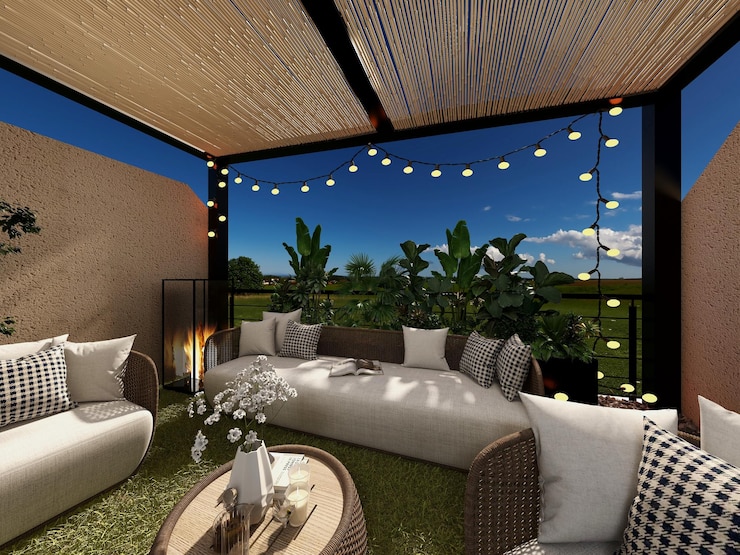 Foto terraza con pérgola y estilo boho mediterráneo.