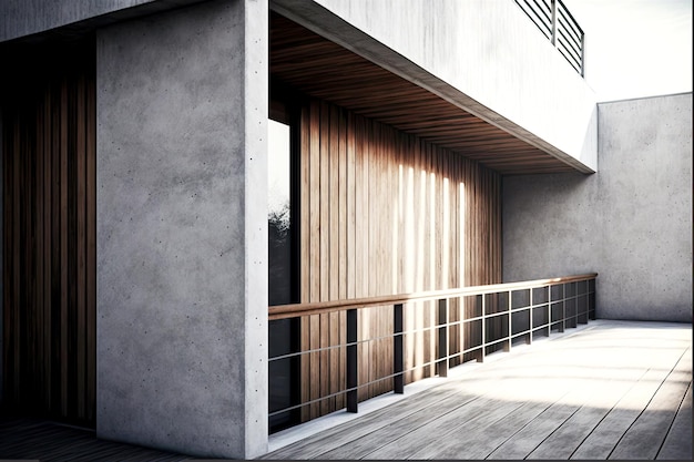 Terraza de piedra y madera con casa exterior contemporánea